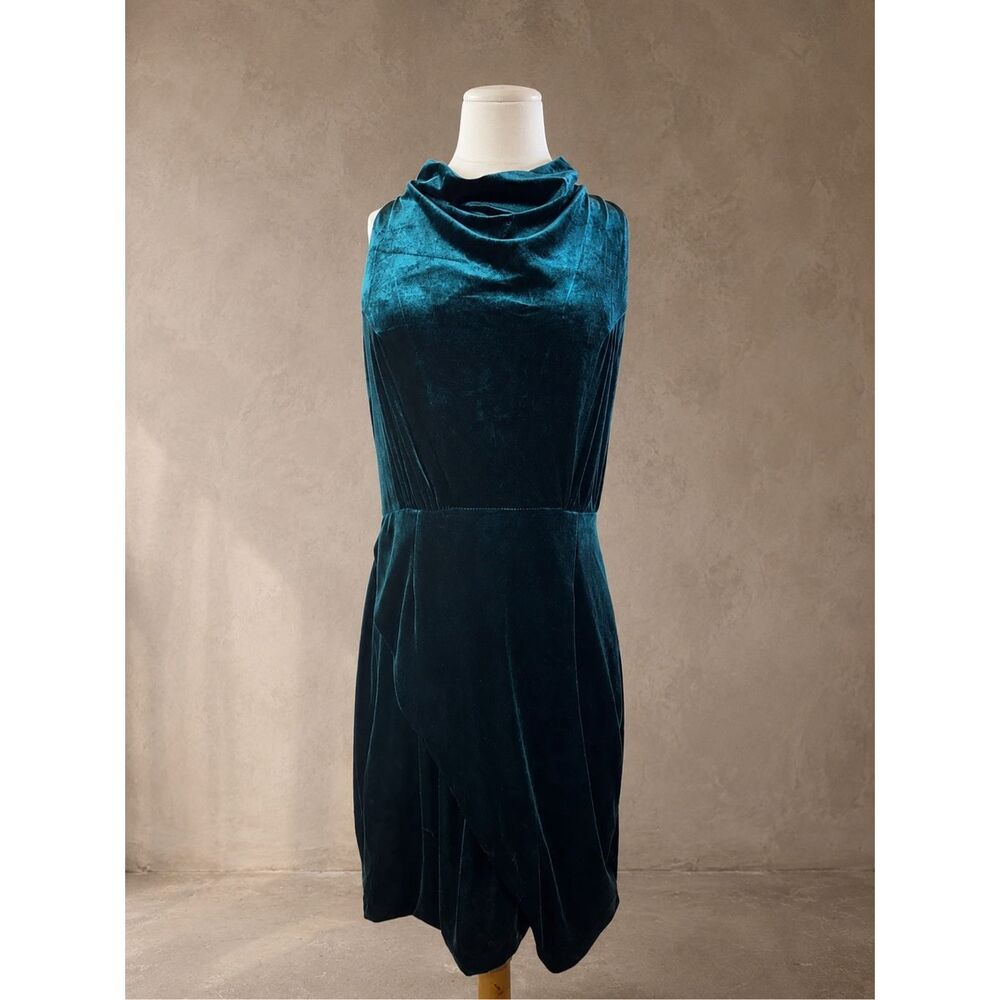 Betsey Johnson Size 10 Velvet Halter Cocktail Dress Teal Cowl Neck Sheath